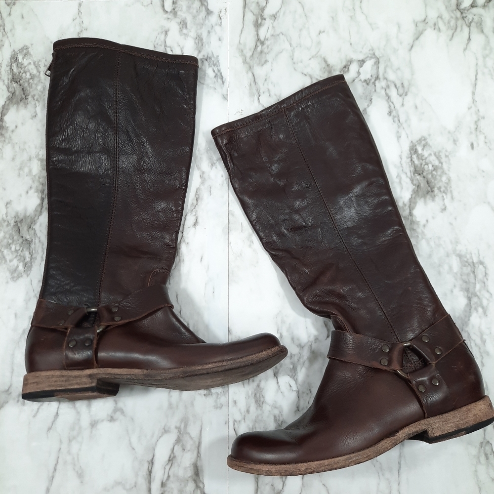 Frye Phillip Harness Brown Tall Knee High Boots